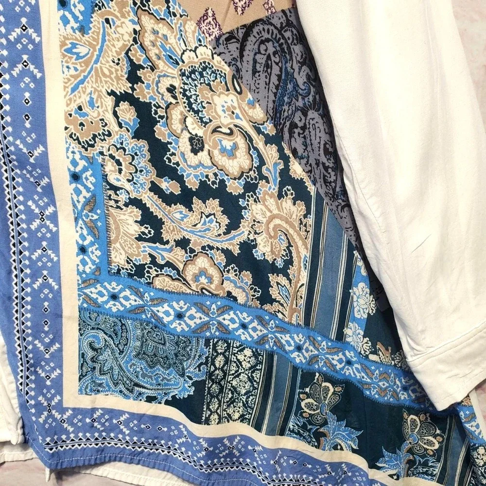 Chicos Boho Patchwork Tunic Top Large Blue Paisley Artsy Coastal Cottagecore - Picture 4 of 11